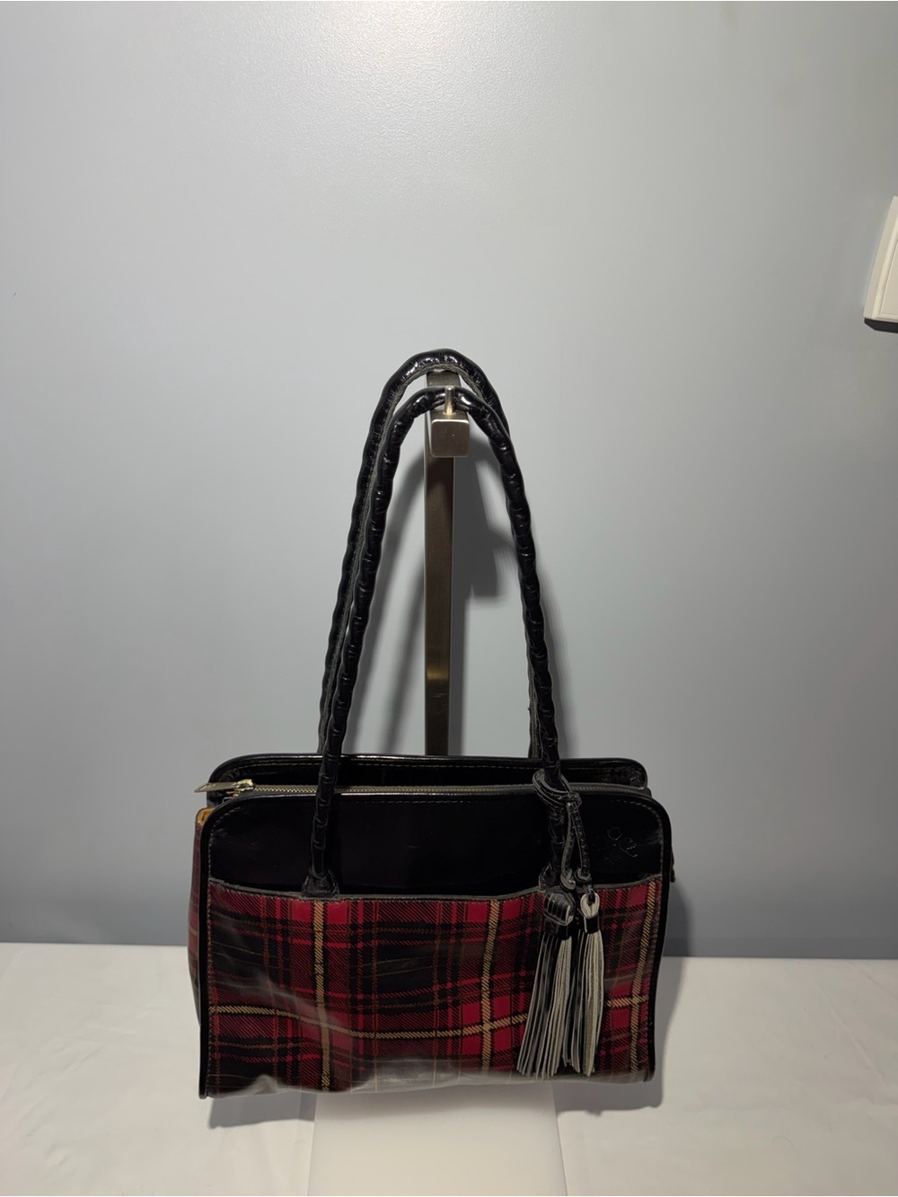 Patricia Nash Black and Red Plaid Shoulder Bag with Tassel - Picture 1 of 12